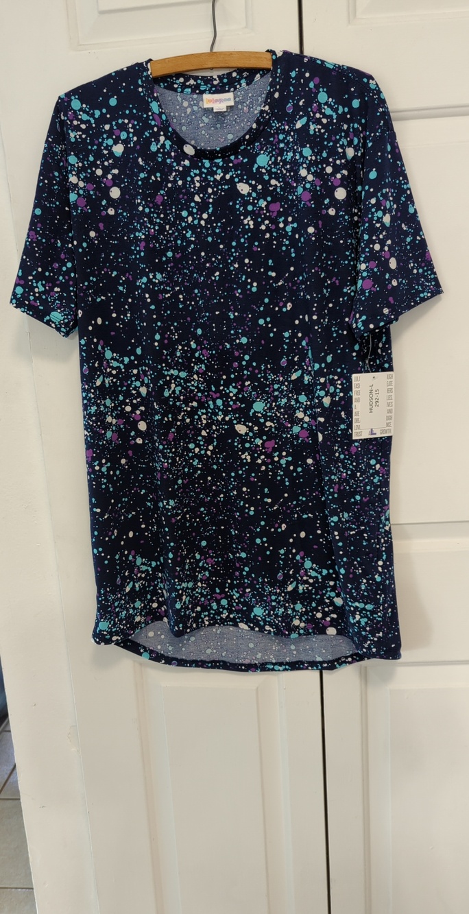 Lularoe Hudson Blue Splash Print Short Sleeve High Low Top Large